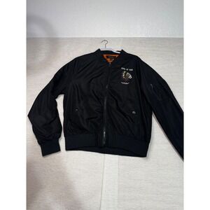 Ring of Fire Mens Black Bomber Jacket Skull Headdress Graphic Orange Lining M